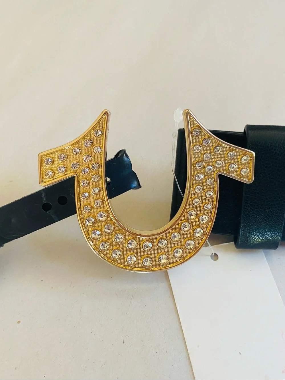 True Religion Black Leather Belt with Gold Crystal Horseshoe Buckle
